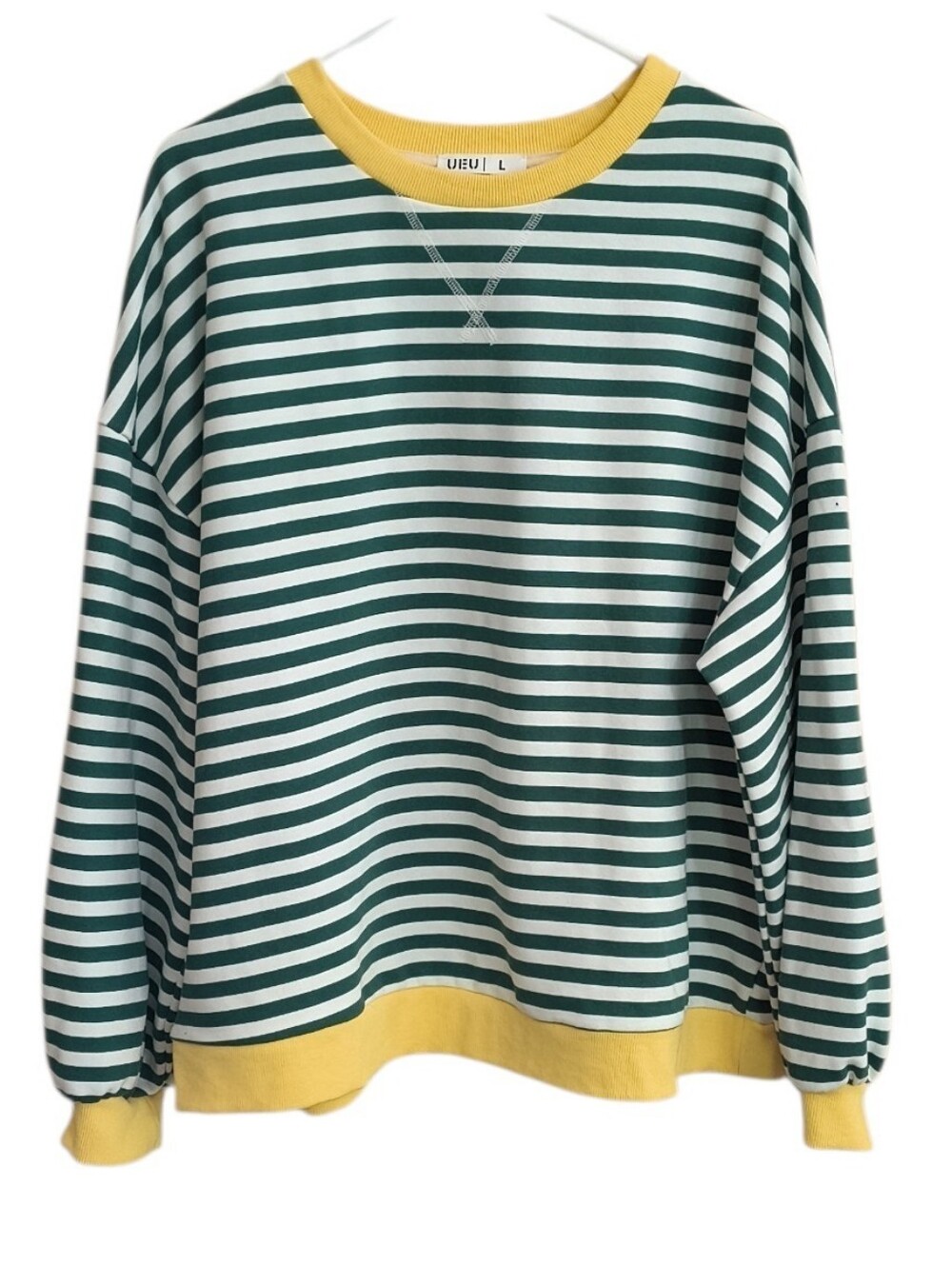 UEU Green/White Striped Oversized Sweatshirt with Yellow Trim Size L